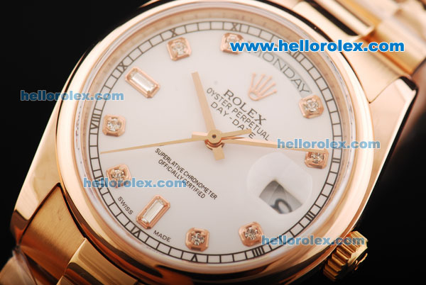 Rolex Day-Date Swiss ETA 2836 Automatic Movement Rose Gold Case with White Dial and Diamond Hour Markers - Click Image to Close