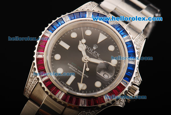 Rolex GMT Master II Rolex 3186 Automatic Movement Full Steel with Black Dial and Red/Blue Diamond Bezel - Click Image to Close