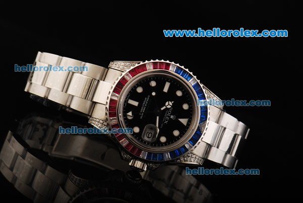 Rolex GMT Master II Rolex 3186 Automatic Movement Full Steel with Black Dial and Red/Blue Diamond Bezel - Click Image to Close