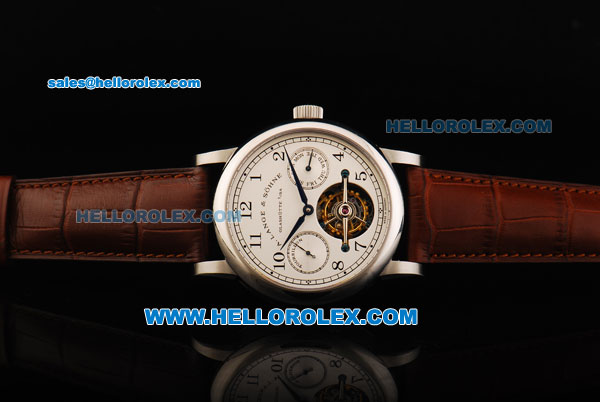 A.Lange&Sohne Glashutte Swiss Tourbillon Manual Winding Movement White Dial with Black Arabic Numerals and Brown Leather Strap - Click Image to Close