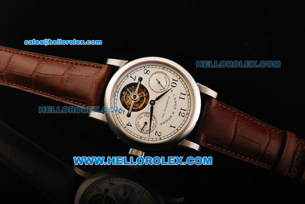 A.Lange&Sohne Glashutte Swiss Tourbillon Manual Winding Movement White Dial with Black Arabic Numerals and Brown Leather Strap - Click Image to Close