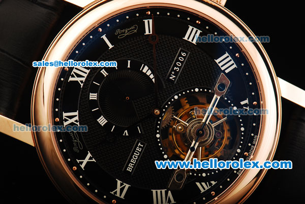 Breguet Classique Complications Swiss Tourbillon Manual Winding Movement Rose Gold Case with Black Dial and White Roman Numerals - Click Image to Close