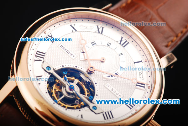 Breguet Classique Complications Swiss Tourbillon Manual Winding Movement Rose Gold Case with Black Roman Numerals and Brown Leather Strap - Click Image to Close