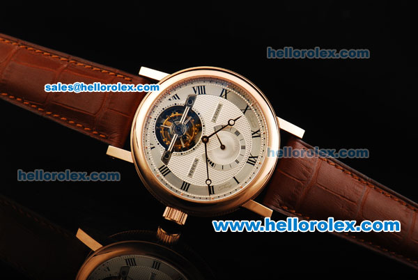 Breguet Classique Complications Swiss Tourbillon Manual Winding Movement Rose Gold Case with Black Roman Numerals and Brown Leather Strap - Click Image to Close