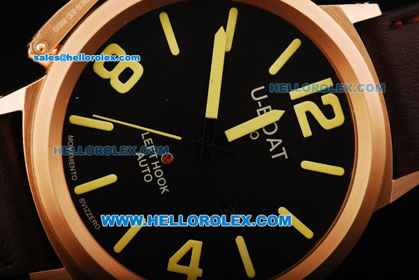 U-BOAT IFO Left Hook Automatic Movement Rose Gold Bezel with Black Dial and Leather Strap-Yellow Marking - Click Image to Close