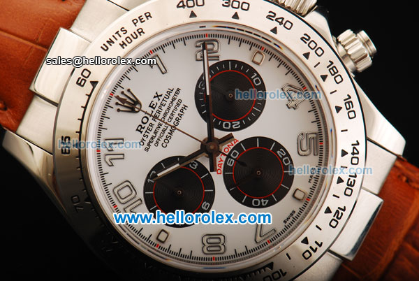 Rolex Daytona Chronograph Swiss Valjoux 7750 Automatic Movement Steel Case with White Dial and Brown Leather Strap - Click Image to Close