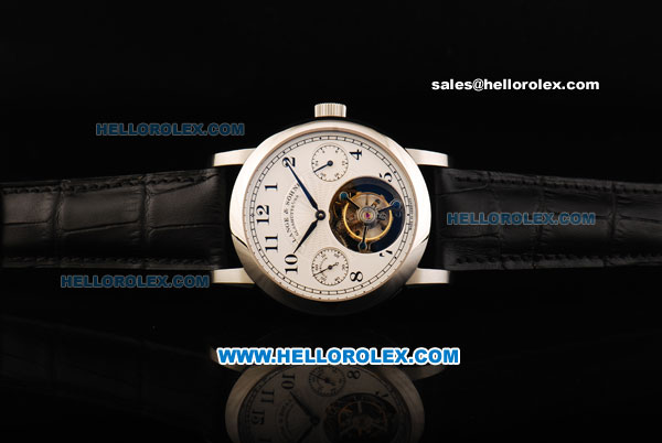 A.Lange&Sohne Swiss Tourbillon Manual Winding Movement Steel Case with White Dial and Black Leather Strap - Click Image to Close