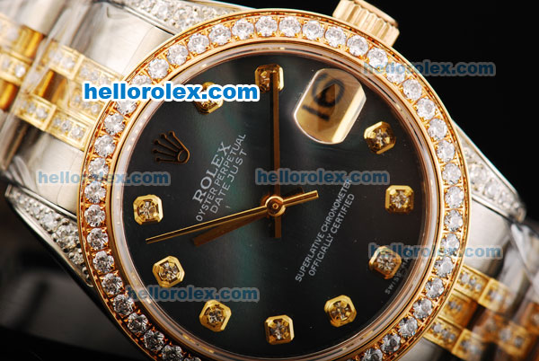 Rolex Datejust Automatic Movement Black MOP Dial with Diamond Bezel and Two Tone Strap - Click Image to Close