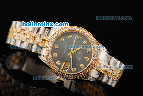 Rolex Datejust Automatic Movement Black MOP Dial with Diamond Bezel and Two Tone Strap - Click Image to Close