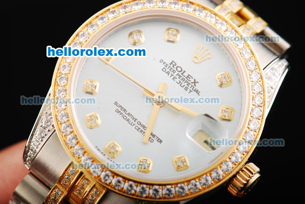 Rolex Datejust Automatic Movement with Blue Dial and Diamond Bezel and Two Tone Strap - Click Image to Close