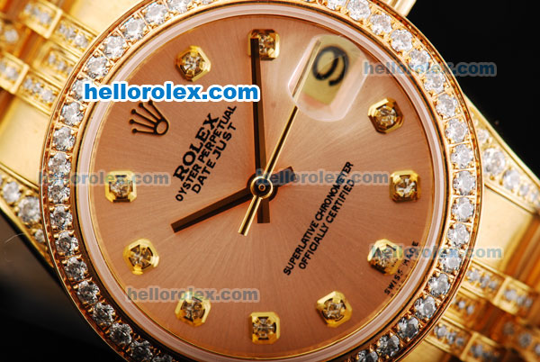 Rolex Datejust Automatic Movement Golden Case with Orange Dial and Diamond Bezel - Click Image to Close