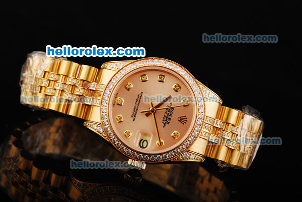 Rolex Datejust Automatic Movement Golden Case with Orange Dial and Diamond Bezel - Click Image to Close