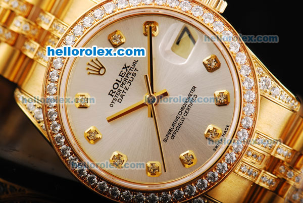 Rolex Datejust Automatic Movement Golden Case and Golden Strap with White Dial and Diamond Markers - Click Image to Close