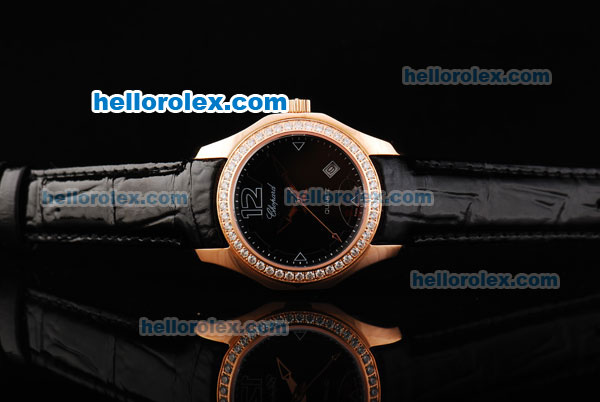 Chopard Happy Sport Swiss Quartz Movement Rose Gold Case with Diamond Bezel and Black Dial - Click Image to Close