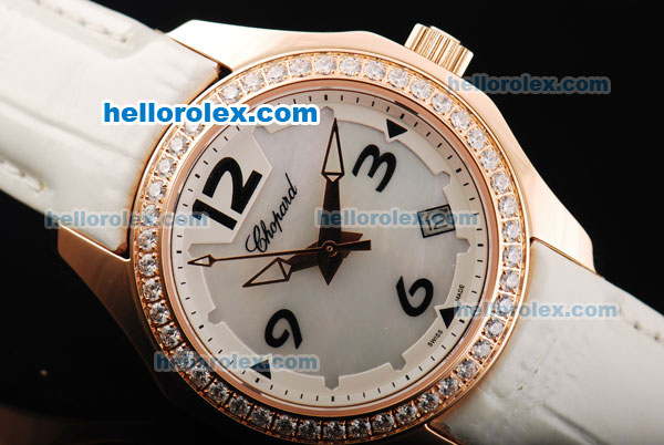 Chopard Happy Sport Swiss Quartz Movement Rose Gold Case with Diamond Bezel and White Leather Strap - Click Image to Close