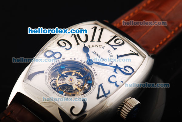 Franck Muller Swiss Tourbillon Manual Winding Movement White Dial with Black Arab Numerals and Brown Leather Strap - Click Image to Close