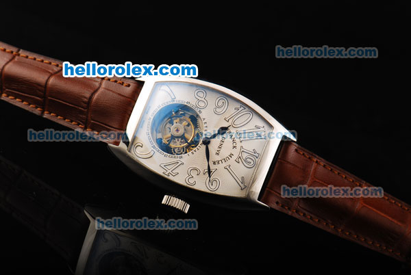 Franck Muller Swiss Tourbillon Manual Winding Movement White Dial with White Arab Numerals and Brown Leather Strap - Click Image to Close