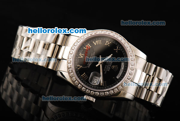Rolex Day Date Oyster Perpetual Automatic Movement Black Dial with Diamond Bezel and SS Strap - Click Image to Close