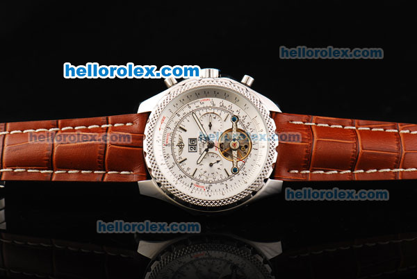 Breitling Bentley Tourbillon Automatic Movement White Dial with Brown Leather Strap - Click Image to Close