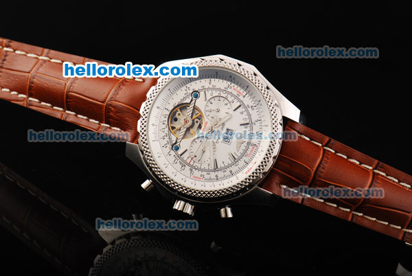 Breitling Bentley Tourbillon Automatic Movement White Dial with Brown Leather Strap - Click Image to Close