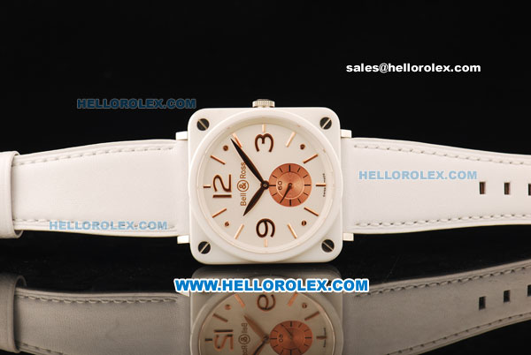 Bell & Ross BR-S Swiss Quartz Movement White Ceramic Case with Rose Gold Markers/Hands and White Leather Strap - Click Image to Close