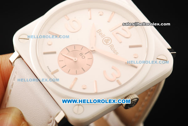 Bell & Ross BR-S Swiss Quartz Movement White Ceramic Case with Rose Gold Markers/Hands and White Leather Strap - Click Image to Close
